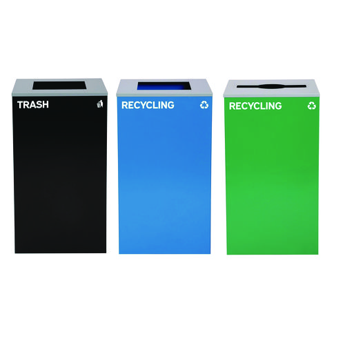 29 Gallon Trash/Recycling Cans, Steel, Blue Recycling Can and Black Trash Can w/Sq Lid, Green Recycling Can with Mixed Lid