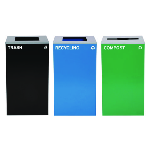 29 Gallon Trash/Recycling Cans, Steel, Blue Recycling Can and Black Trash Can w/Square Lids, Green Compost Can with Mixed Lid