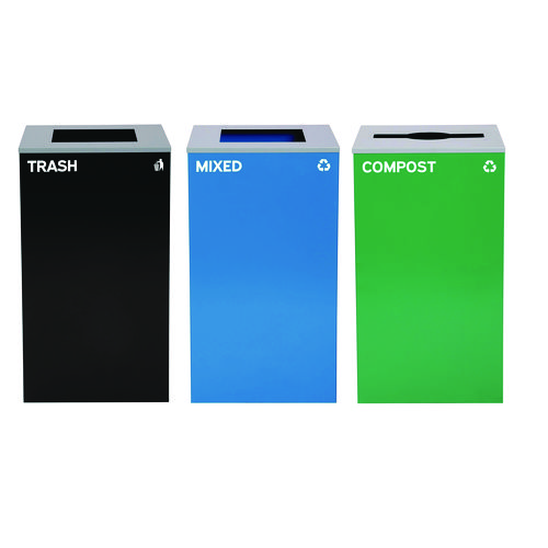 29 Gallon Trash/Recycling Cans, Steel, Blue Mixed Recycling and Black Trash Cans w/Square Lids, Green Compost Can w/Mixed Lid