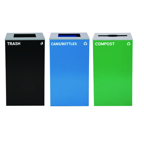 29 Gallon Trash/Recycling Cans, Steel, Blue Cans/Bottles Recycling and Black Trash Can w/Sq Lid, Green Compost Can Mixed Lid