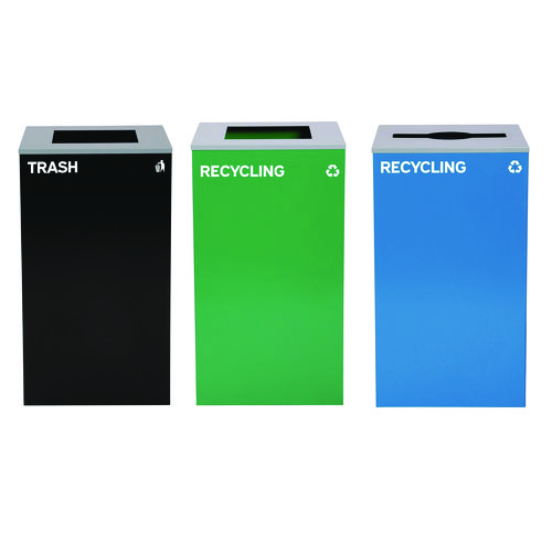 29 Gallon Trash/Recycling Cans, Steel, Blue Recycling Can w/Mixed Lid, Green Recycling Can and Black Trash Can with Sq Lid