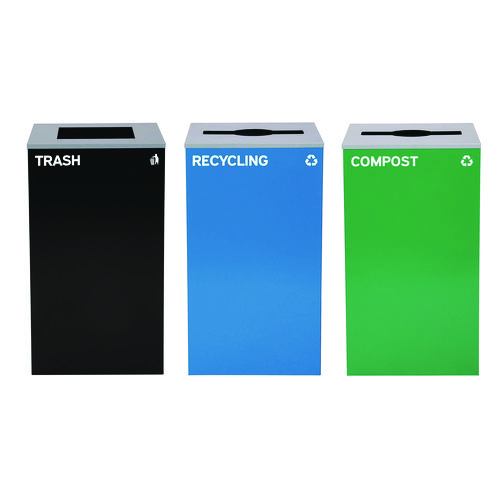 29 Gallon Trash/Recycling Cans, Steel, Blue Recycling Can and Green Compost Can w/Mixed Lids, Black Trash Can with Square Lid