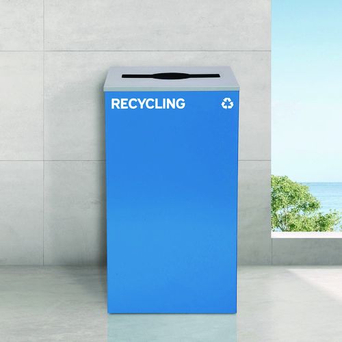 29 Gallon Trash/Recycling Cans, Steel, Blue Recycling Can w/Mixed Lid, Green Recycling Can and Black Trash Can with Sq Lid