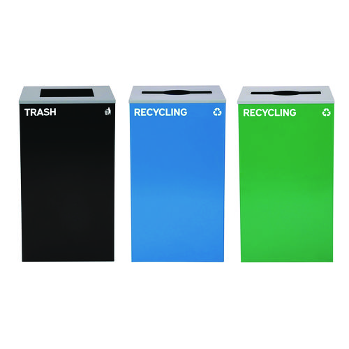 29 Gallon Trash/Recycling Cans, Steel, Blue Recycling Can and Green Recycling Can w/Mixed Lids, Black Trash Can w/Square Lid