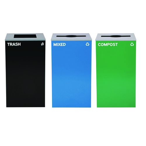 29 Gallon Trash/Recycling Cans, Steel, Blue Mixed Recycling and Green Compost Cans w/Mixed Lids, Black Trash Can w/Square Lid