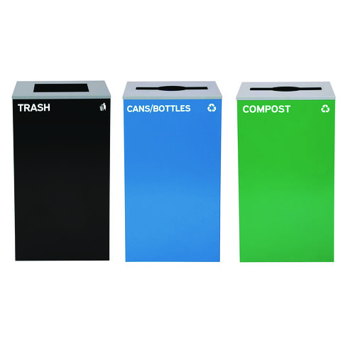 29 Gallon Trash/Recycling Cans, Steel, Blue Cans/Bottles Recycling and Green Compost Can w/Mixed Lid, Black Trash Can Sq Lid