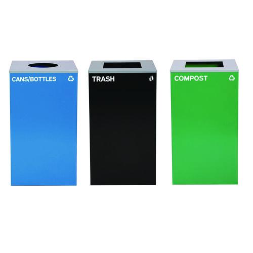 29 Gallon Trash/Recycling Cans, Steel, Blue Cans/Bottles with Circle Lid, Green Compost and Black Trash Cans with Square Lids