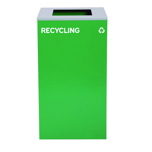 29 Gallon Trash/Recycling Cans, Steel, Blue Recycling Can w/Circle Lid, Green Recycling Can and Black Trash Can w/Square Lids