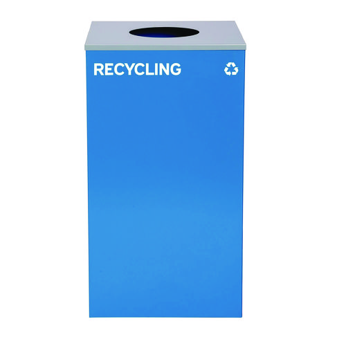 29 Gallon Trash/Recycling Cans, Steel, Blue Recycling Can w/Circle Lid, Green Recycling Can and Black Trash Can w/Square Lids