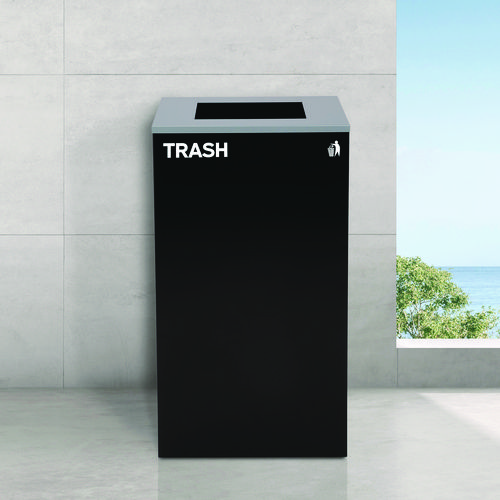 29 Gallon Trash/Recycling Cans, Steel, Blue Recycling Can w/Circle Lid, Green Recycling Can and Black Trash Can w/Square Lids