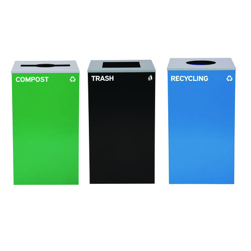 29 Gallon Trash/Recycling Cans, Steel, Blue Recycling Can w/Circle Lid, Green Compost w/Mixed Lid, Black Trash w/Square Lid