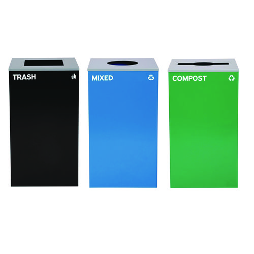 29 Gallon Trash/Recycling Cans, Steel, Blue Mixed Recycling w/Circle Lid, Green Compost w/Mixed Lid, Black Trash w/Square Lid