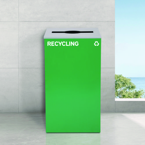 29 Gallon Trash/Recycling Cans, Steel, Blue Recycling Can w/Circle Lid, Green Recycling w/Mixed Lid, Black Trash w/Square Lid