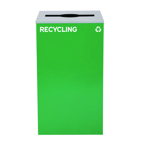 29 Gallon Trash/Recycling Cans, Steel, Blue Recycling Can w/Circle Lid, Green Recycling w/Mixed Lid, Black Trash w/Square Lid