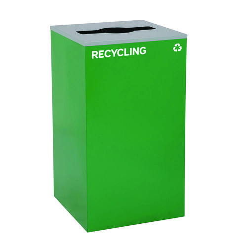 29 Gallon Trash/Recycling Cans, Steel, Blue Recycling Can w/Circle Lid, Green Recycling w/Mixed Lid, Black Trash w/Square Lid