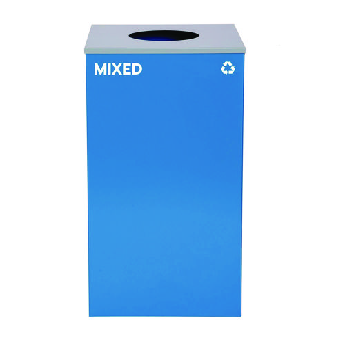 29 Gallon Trash/Recycling Cans, Steel, Blue Mixed Recycling w/Circle Lid, Green Recycling w/Mixed Lid, Black Trash w/Sq Lid