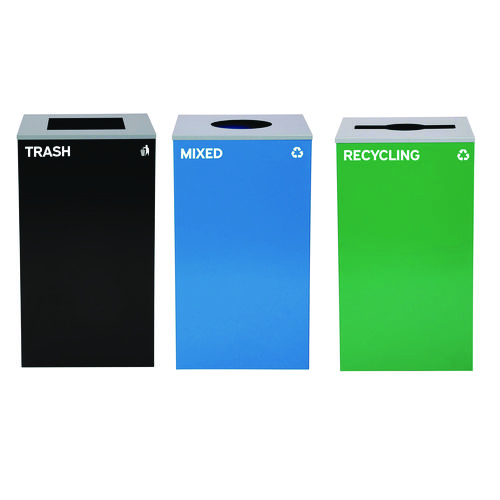 29 Gallon Trash/Recycling Cans, Steel, Blue Mixed Recycling w/Circle Lid, Green Recycling w/Mixed Lid, Black Trash w/Sq Lid