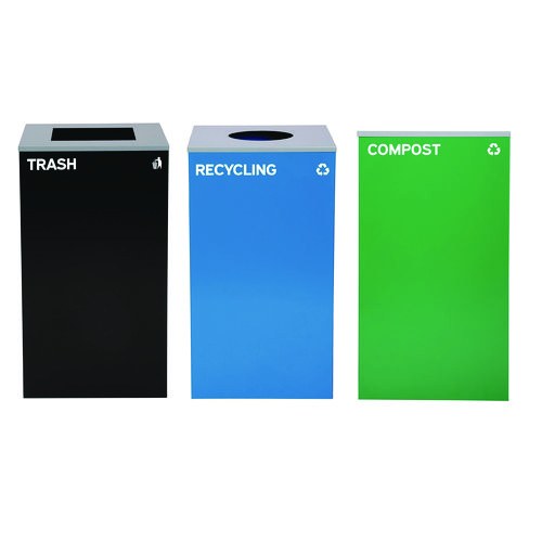 29 Gallon Trash/Recycling Cans, Steel, Blue Recycling Can w/Circle Lid, Green Compost Can and Black Trash Can w/Square Lids