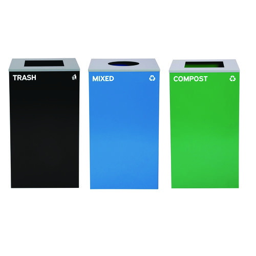 29 Gallon Trash/Recycling Cans, Steel, Blue Mixed Recycling Can w/Circle Lid, Green Compost and Black Trash Cans w/Sq Lids