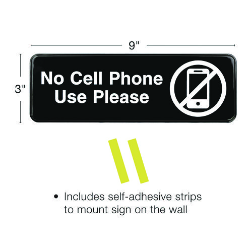 No Cell Phone Use Please Indoor/Outdoor Wall Sign, 9 x 3, Black Face, White Graphics, 3/Pack