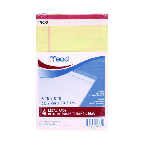 Notepad, Wide/Legal Rule, 50 Canary 5 x 8 Sheets, 4/Pack