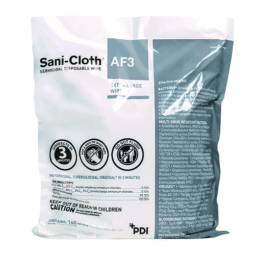 AF3 Germicidal Disposable Wipes, 1-Ply, 7.5 x 15, Unscented, White, 160 Wipes/Zip Seal Bag