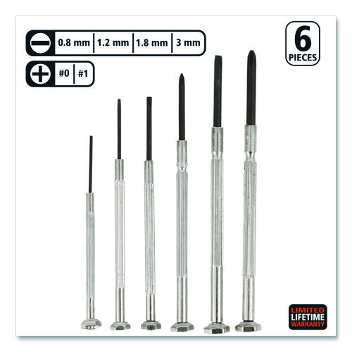 Precision Screwdriver Set, Six-Piece, Phillips/Slotted, Assorted Lengths, Polished Steel Handles