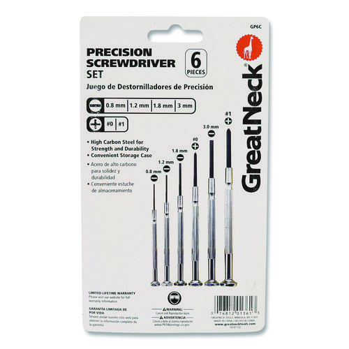 Precision Screwdriver Set, Six-Piece, Phillips/Slotted, Assorted Lengths, Polished Steel Handles