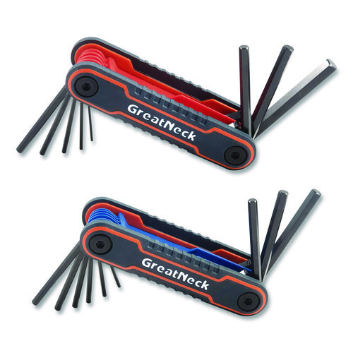 Hex Key Fold-Up Tool Set, Two-Piece, Metric/SAE, Black-Oxide/Blue (SAE), Black-Oxide/Red (Metric)