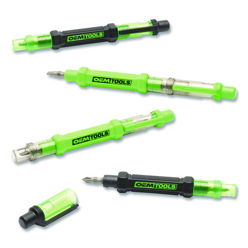 6-Way Pen-Style Screw/Nut Driver, Phillips/Slotted Bits, Metric Sockets, 5.38" Long, Black/Green, Green/Clear, 4/Pack