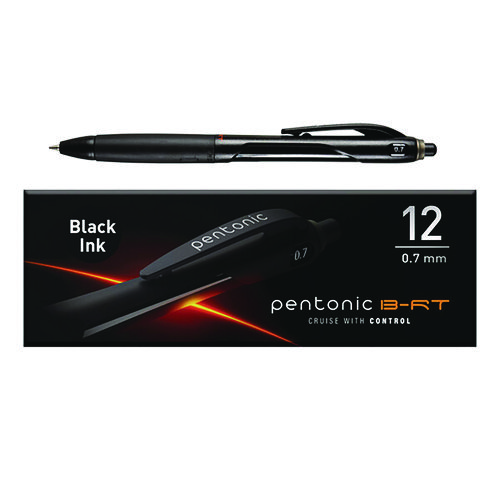 PENTONIC Ballpoint Pen, Retractable, Fine 0.7 mm, Black Ink, Black Barrel, 12/Pack