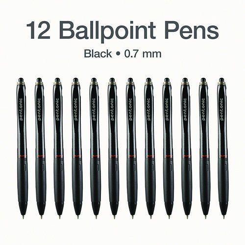 PENTONIC Retractable Ballpoint Pen, Fine 0.7 mm, Black Ink, Black Barrel, 12/Pack