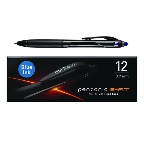 PENTONIC Ballpoint Pen, Retractable, Fine 0.7 mm, Blue Ink, Black/Blue Barrel, 12/Pack