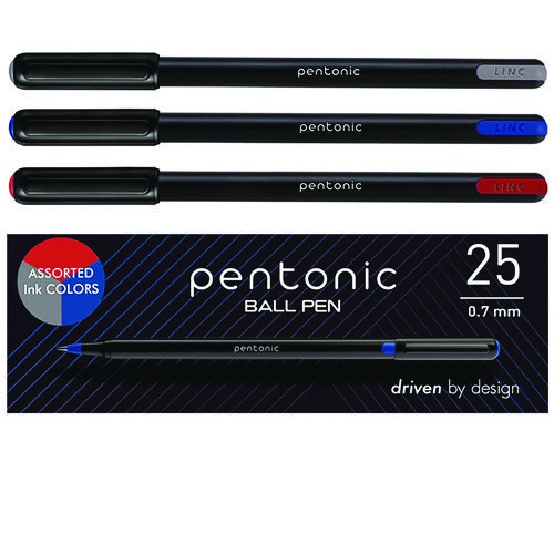 PENTONIC Ballpoint Pen, Stick, Fine 0.7 mm, Assorted Ink Colors, Black Barrel, 25/Pack