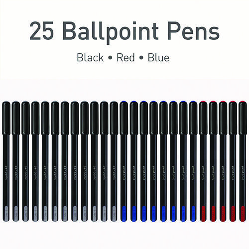 PENTONIC Fine Point Ballpoint Pens, 0.7 mm, Assorted Ink Colors, Black Barrel, 25/Pack