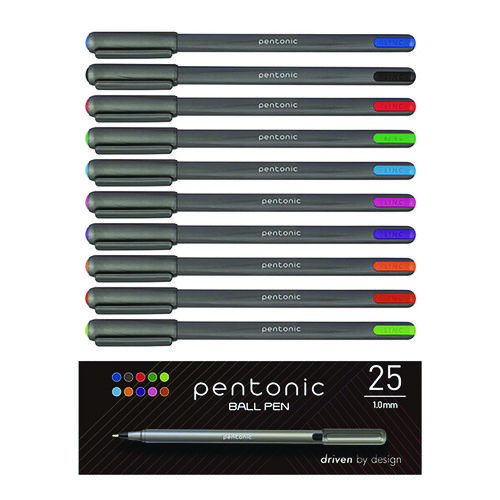 PENTONIC Ballpoint Pen, Stick, Medium 1 mm, Assorted Ink Colors, Charcoal Gray Barrel, 25/Pack