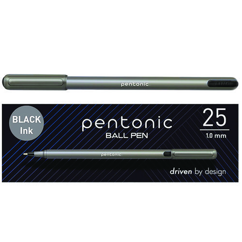 PENTONIC Medium Point Ballpoint Pen, 1 mm, Black Ink, Charcoal Barrel, 25/Pack