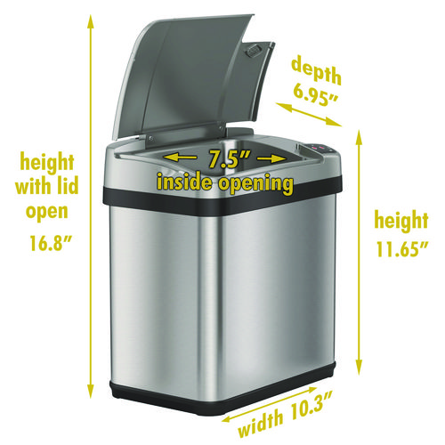 Rectangular Sensor Trash Can, 2.5 gal, Plastic, Silver