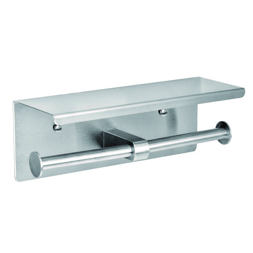 Double Post Toilet Paper Holder with Shelf Storage Rack, 3.87 x 10.5 x 3.95, Brushed Stainless Steel