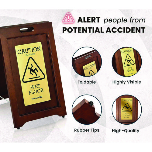 2-Sided Plated Wooden A-Frame Bilingual Wet Floor Sign, 15 x 2 x 24, Brass