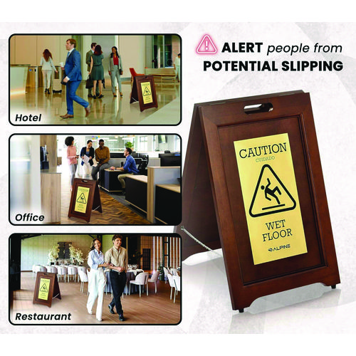 2-Sided Plated Wooden A-Frame Bilingual Wet Floor Sign, 15 x 2 x 24, Brass