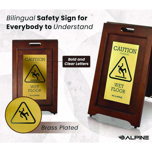 2-Sided Plated Wooden A-Frame Bilingual Wet Floor Sign, 15 x 2 x 24, Brass