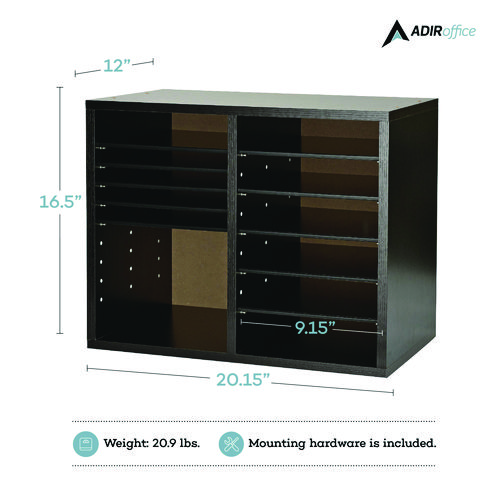 Wood Adjustable 12 Compartment Literature Organizer, 12 Sections, Letter Size, 20 x 11.8 x 16.3, Black