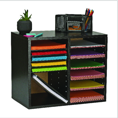 Wood Adjustable 12 Compartment Literature Organizer, 12 Sections, Letter Size, 20 x 11.8 x 16.3, Black