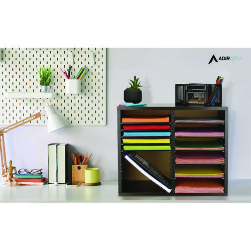 Wood Adjustable 12 Compartment Literature Organizer, 12 Sections, Letter Size, 20 x 11.8 x 16.3, Black