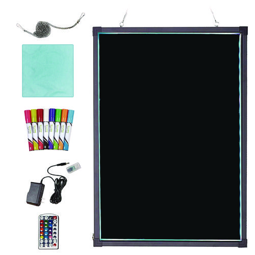 LED Illuminated Hanging Message Writing Board, 23.6" x 31.5", Black Surface, Black Aluminum Frame