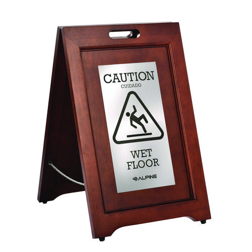 2-Sided Plated Wooden A-Frame Bilingual Wet Floor Sign, 15 x 2 x 24, Stainless Steel