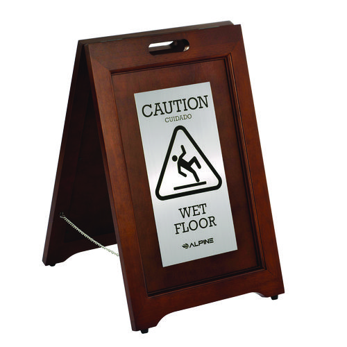 2-Sided Plated Wooden A-Frame Bilingual Wet Floor Sign, 15 x 2 x 24, Stainless Steel