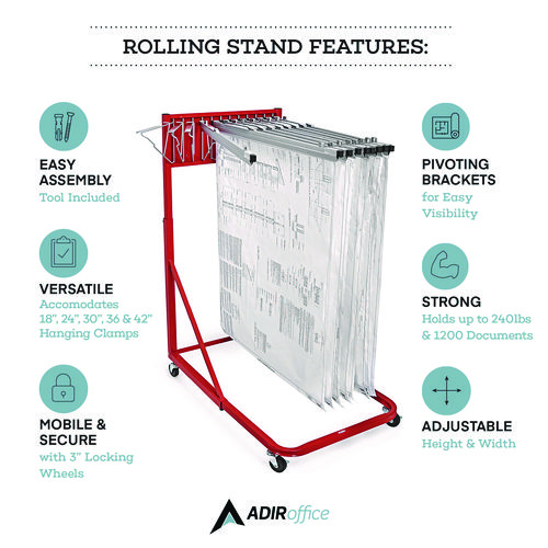 Blueprint Storage Cabinet Rolling Stand, Assorted Document Sizes Accomodated, 27" x 28.5" to 46.5" x 46" to 66", Red