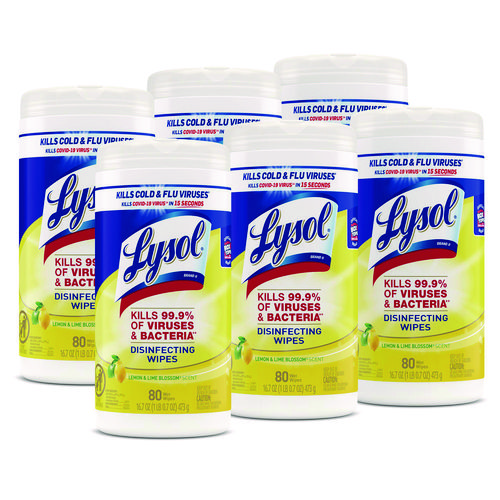 Lysol® Brand Disinfecting Wipes, 1-Ply, 7 X 7.25, Lemon And Lime Blossom, White, 80 Wipes/Canister, 6 Canisters/Carton